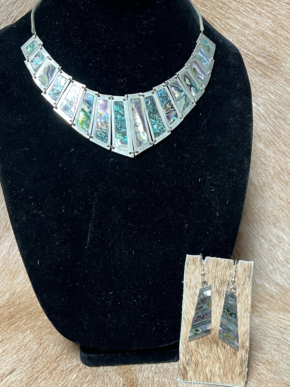 Vintage alpaca Mexico Abalone Inlay Statement Necklace & Earring Set